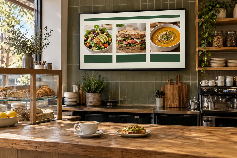 Pantalla de menú sobre el mostrador de un café.