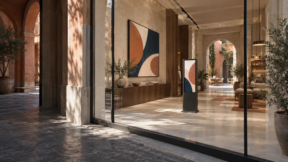 Pantalla y kiosco vistos a través del cristal del escaparate.